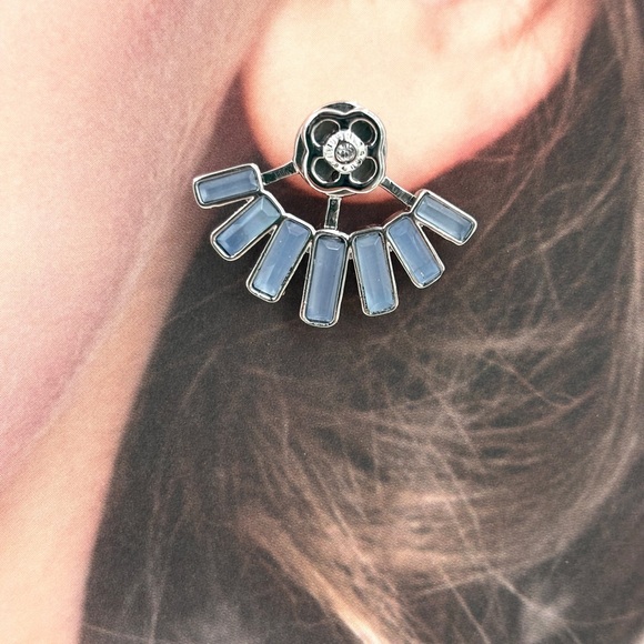 Henri Bendel silver tone sky blue stone logo jacket earrings - Picture 5 of 5